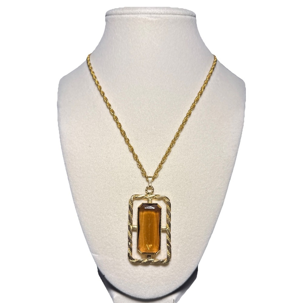 Park Lane Gold Tone Faux Topaz Rectangle Pendant Vtg J-12G